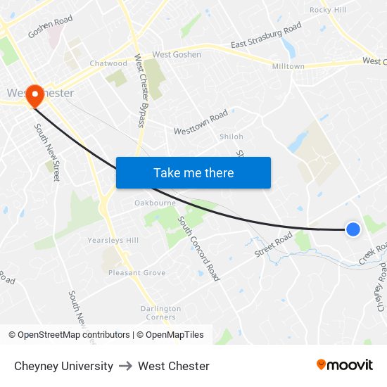 Cheyney University to West Chester map