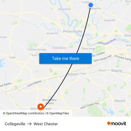 Collegeville to West Chester map