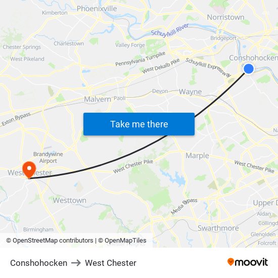 Conshohocken to West Chester map