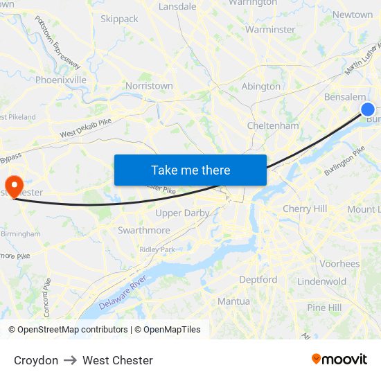 Croydon to West Chester map