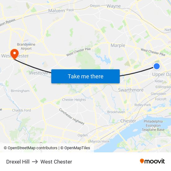 Drexel Hill to West Chester map