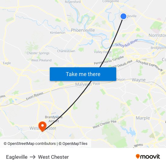 Eagleville to West Chester map