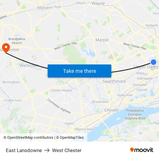 East Lansdowne to West Chester map