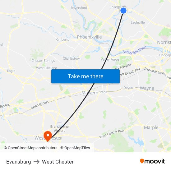 Evansburg to West Chester map