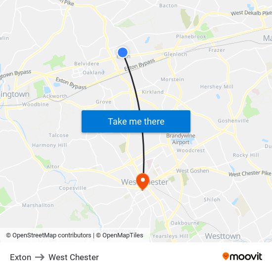 Exton to West Chester map