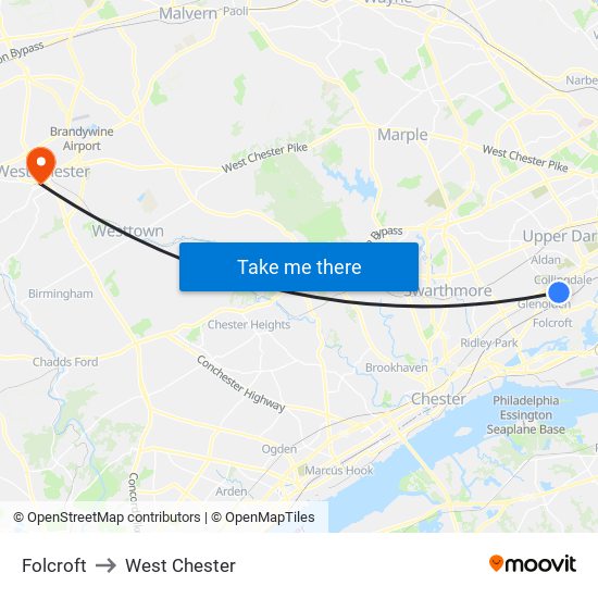 Folcroft to West Chester map