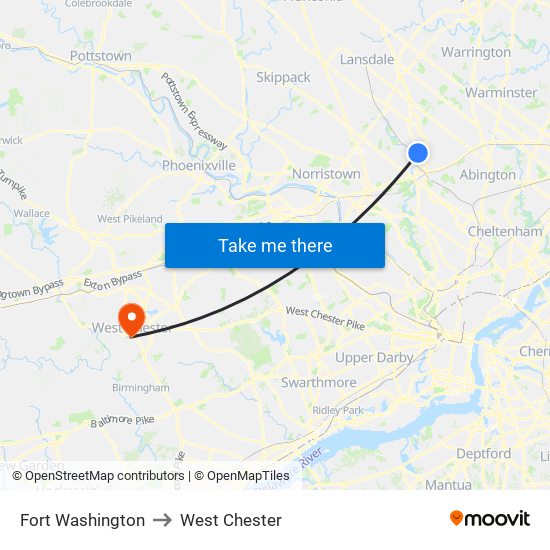 Fort Washington to West Chester map