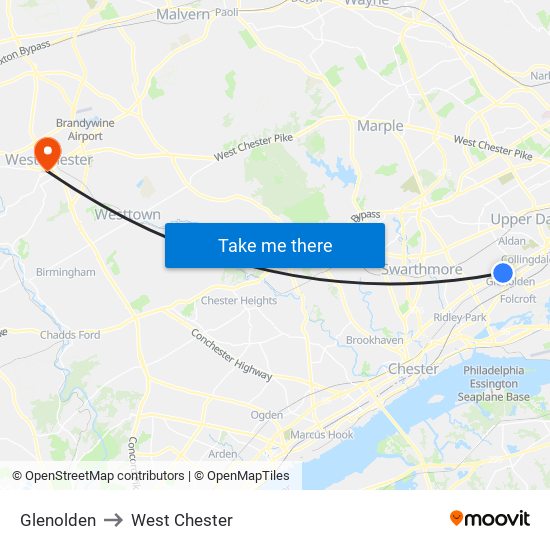 Glenolden to West Chester map