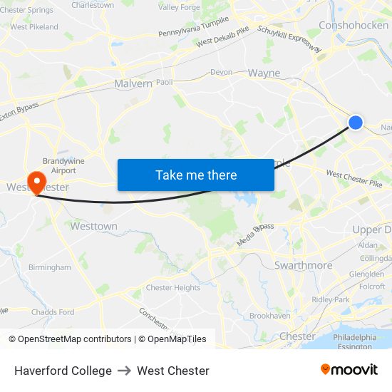 Haverford College to West Chester map