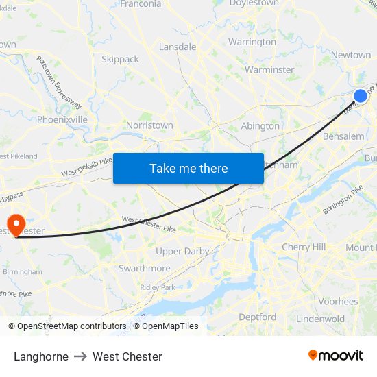 Langhorne to West Chester map