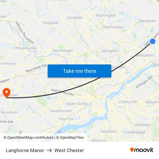 Langhorne Manor to West Chester map