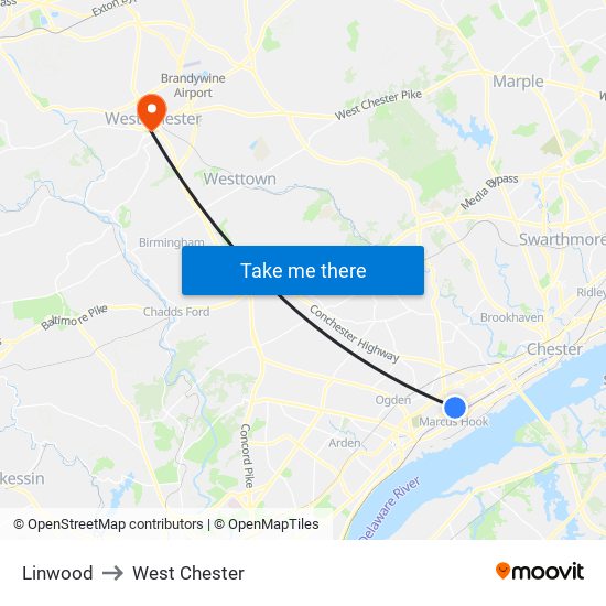 Linwood to West Chester map