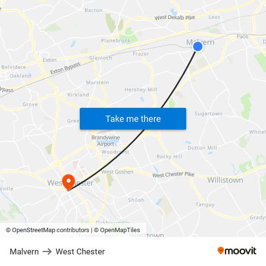 Malvern to West Chester map