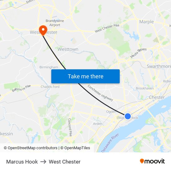 Marcus Hook to West Chester map