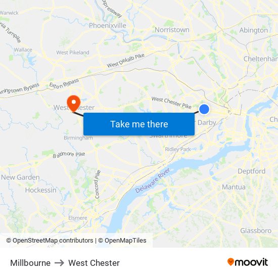 Millbourne to West Chester map