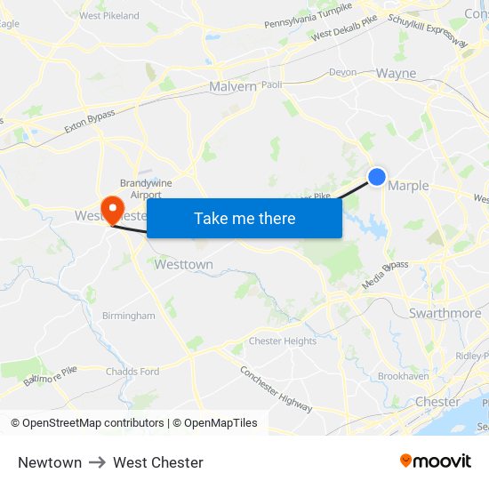 Newtown to West Chester map