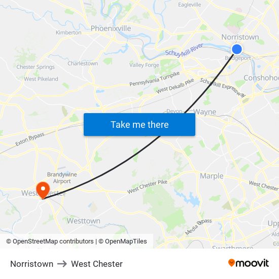 Norristown to West Chester map