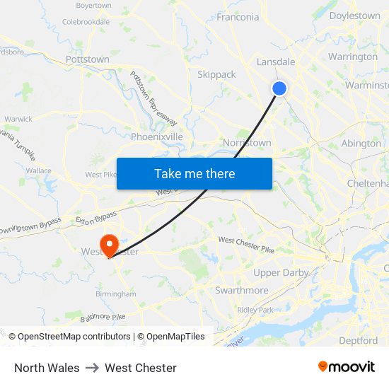 North Wales to West Chester map