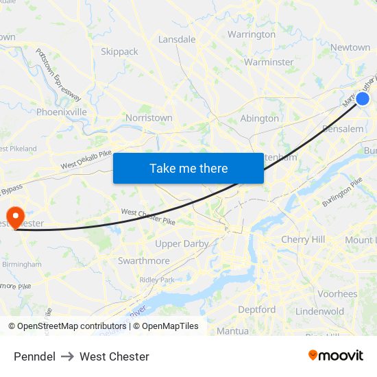 Penndel to West Chester map