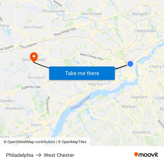 Philadelphia to West Chester map