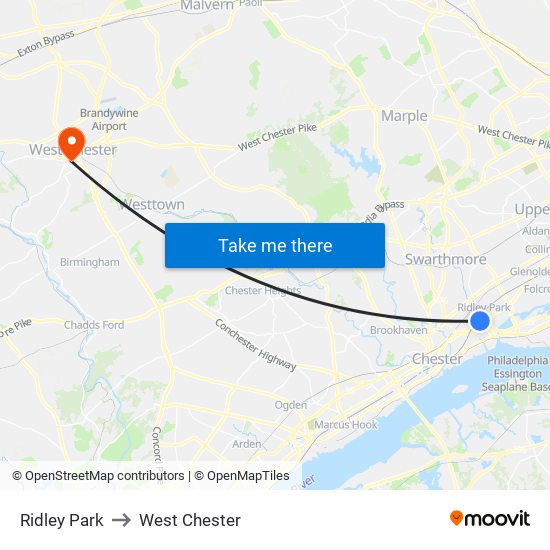 Ridley Park to West Chester map