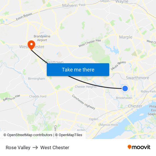 Rose Valley to West Chester map