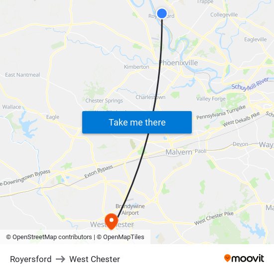 Royersford to West Chester map