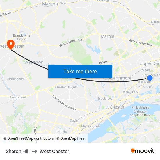 Sharon Hill to West Chester map