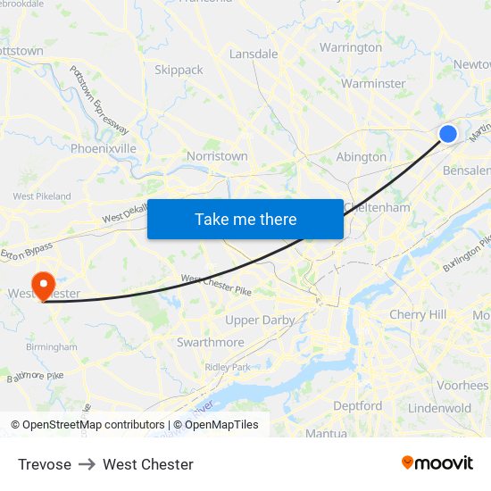Trevose to West Chester map