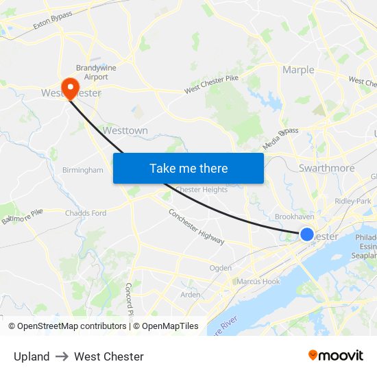 Upland to West Chester map