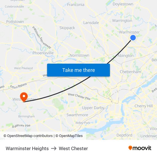 Warminster Heights to West Chester map