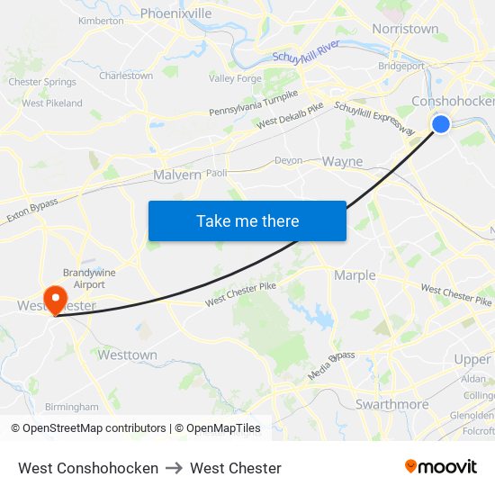 West Conshohocken to West Chester map
