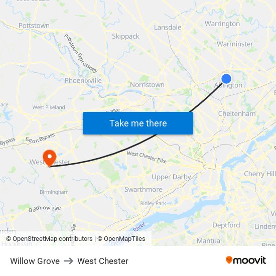 Willow Grove to West Chester map