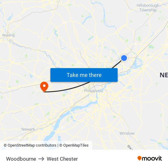 Woodbourne to West Chester map