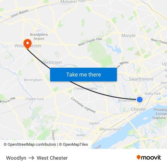 Woodlyn to West Chester map