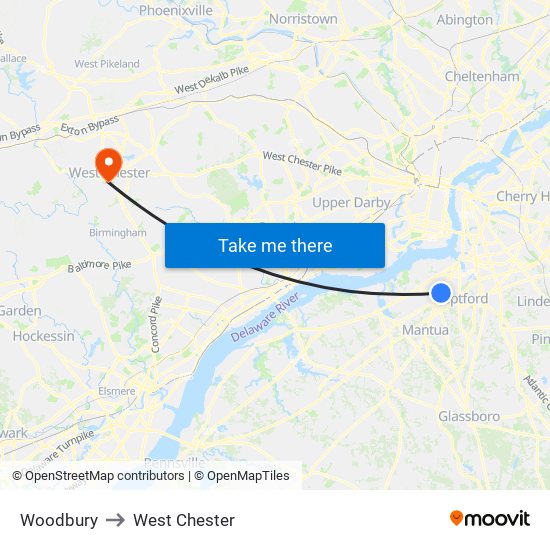 Woodbury to West Chester map