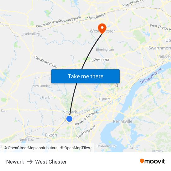 Newark to West Chester map