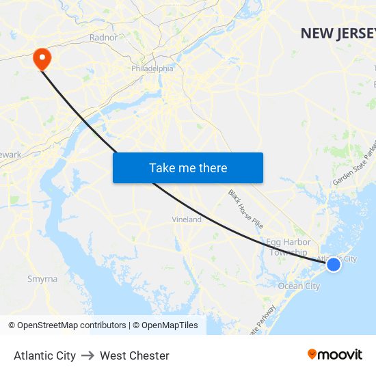 Atlantic City to West Chester map