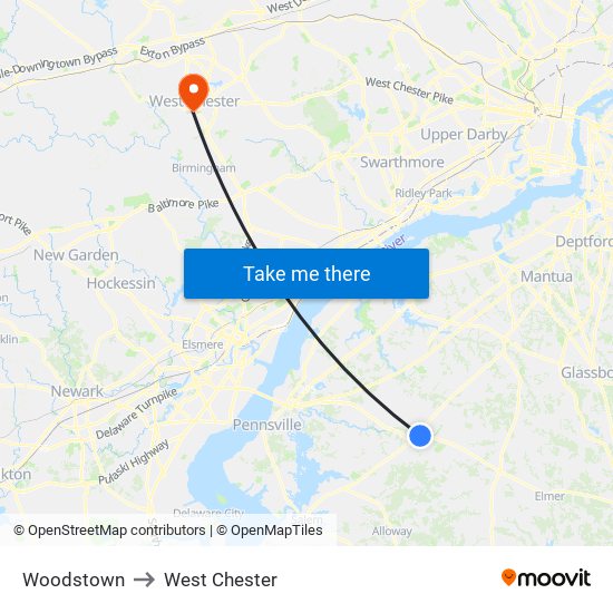 Woodstown to West Chester map