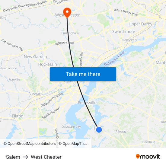 Salem to West Chester map