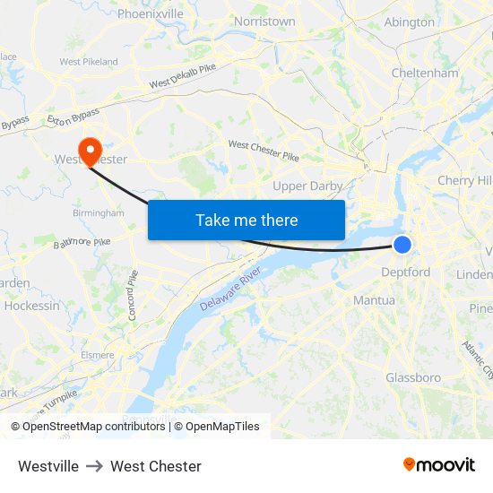 Westville to West Chester map