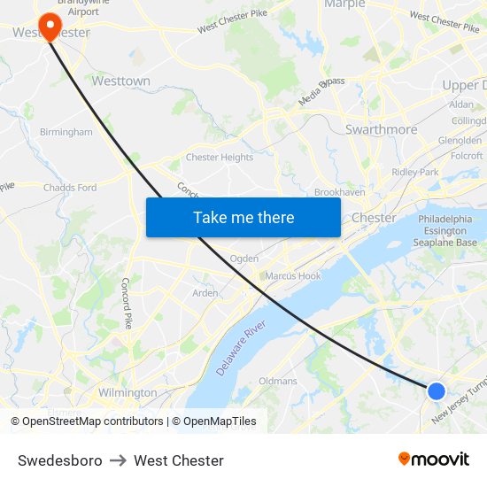 Swedesboro to West Chester map