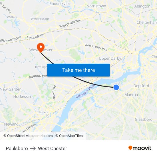 Paulsboro to West Chester map