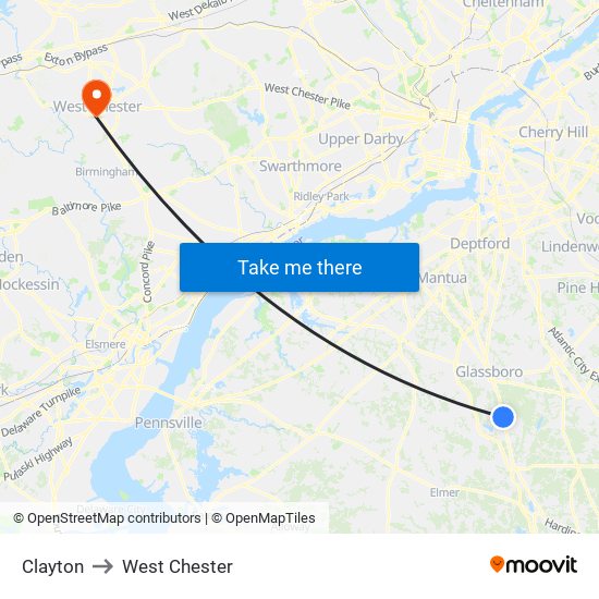 Clayton to West Chester map