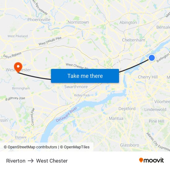 Riverton to West Chester map