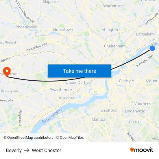 Beverly to West Chester map