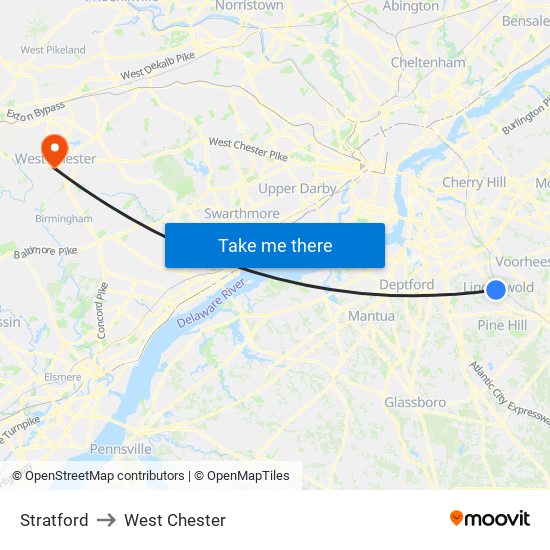 Stratford to West Chester map