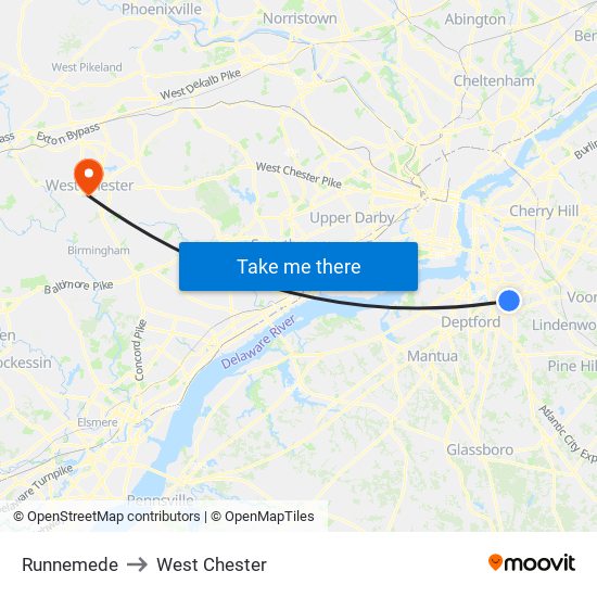 Runnemede to West Chester map