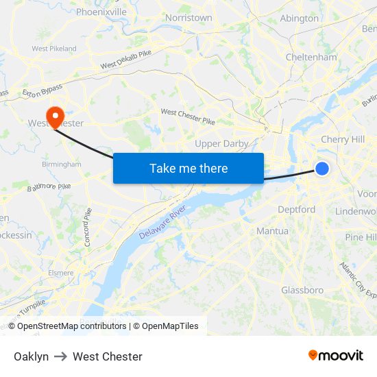 Oaklyn to West Chester map