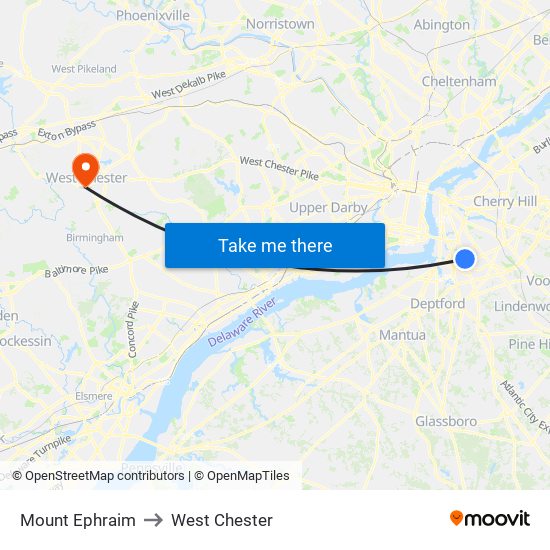 Mount Ephraim to West Chester map
